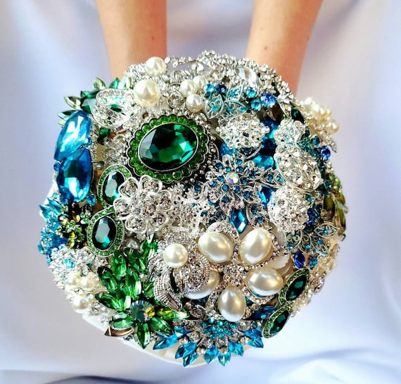DEPOSIT on a Customized Bridal Wedding Brooch Bouquet and Wrist Corsage Pearl Silver Emerald Green Teal Turquoise Blue Crystal Broach Bouqet