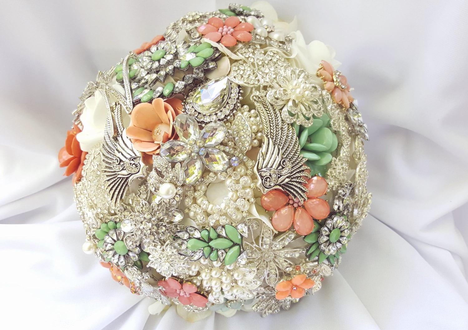 FULL PRICE Large Brooch Bouquet White Ivory Cream Silver Pearls Sage ...