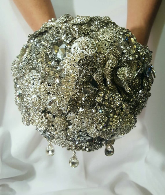 DEPOSIT ON Brooch Bouquet Custom Bridal Broach Bouqet Silver Clear Crystal Sparkly Bling Jeweled Bouqet Red Handle