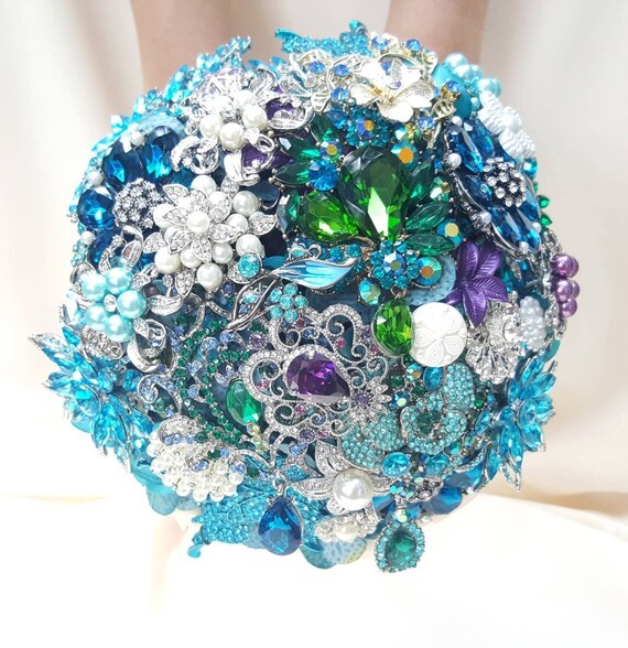 Custom Bridal Wedding Brooch Bouquet in Pearl Silver Emerald Green Teal Turquoise Ivory Blue Crystal Broach Bouqet