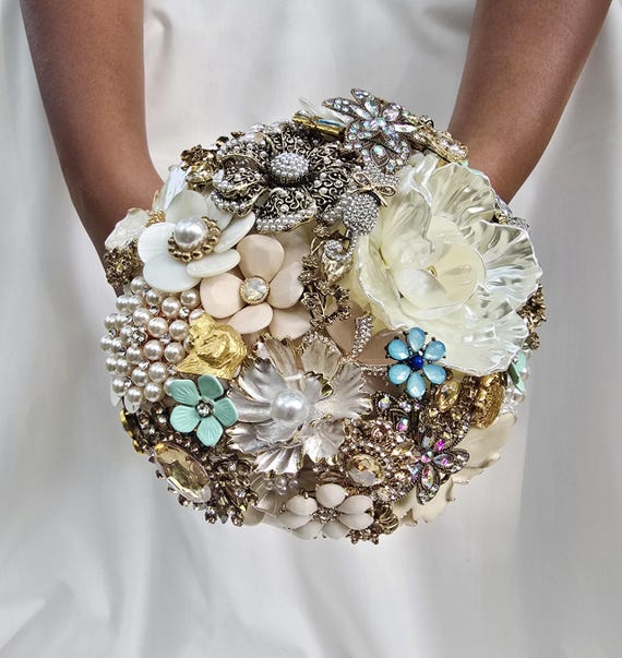 Custom Bridal Brooch Bouquet: Champagne, Cream, Gold, Silver