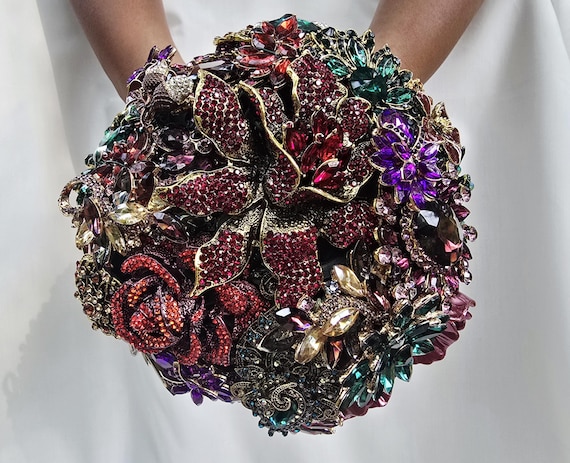 Custom Bridal Brooch Bouquet: Burgundy, Crimson, Gold, and Emerald