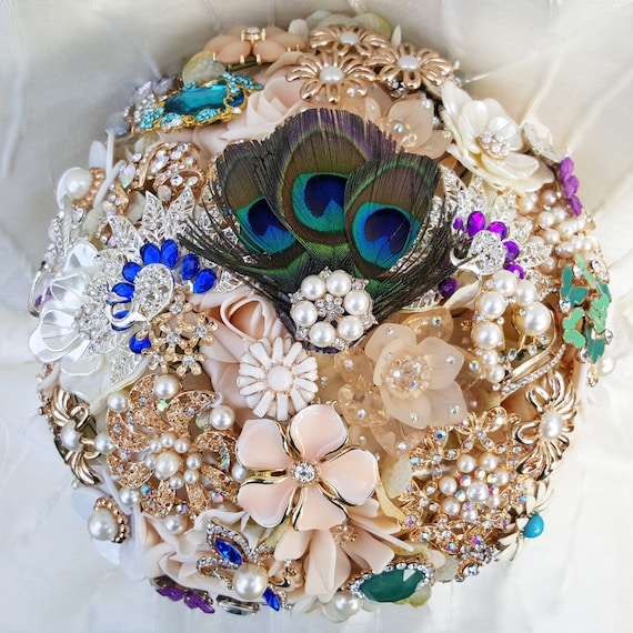 FULL PRICE Brooch Bouquet Champagne and Peacock Feathers Purple Teal Green Blue Cream Gold Silver Ivory Crystal CUSTOM Bridal Broach Bouqet