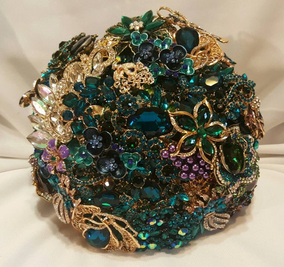 Custom Brooch Bouquet Bridal Broach Bouqet Peacock Wedding Blue Green Gold Teal Crystal Turquoise