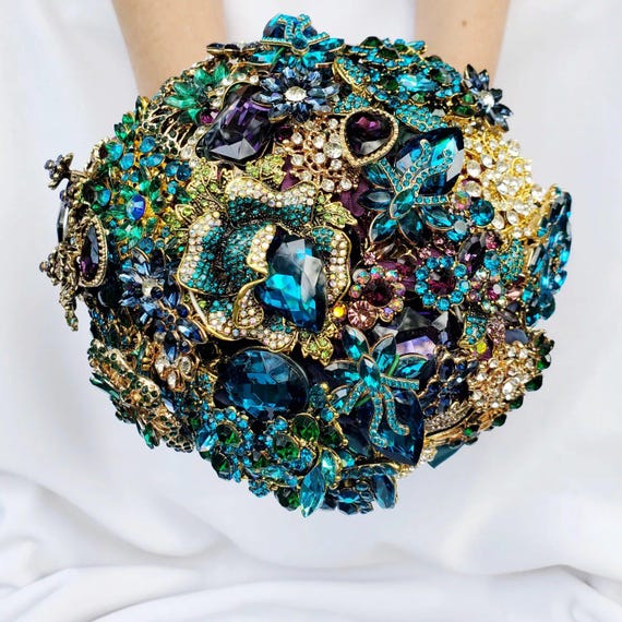 Custom Brooch Bouquet Bridal Broach Bouqet Peacock Wedding Blue Purple Green Gold Teal Crystal Turquoise