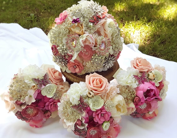 FULL PRICE Wedding Package Bridal and Bridesmaid Brooch Bouquets Custom Order Pink White Ivory Crystal Peach Salmon Blush