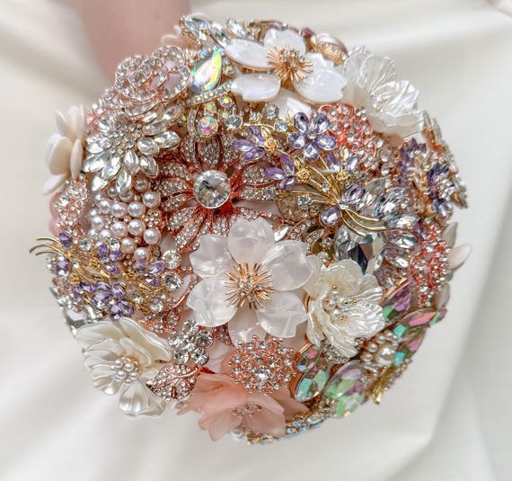Custom Rose Gold Bridal Brooch Bouquet: Blush, Ivory & Lavender
