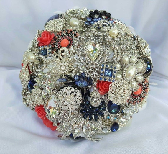 FULL PRICE on a CUSTOM Made Brooch Bouquet Coral Navy Blue White Crystal Salmon Peach Pink Orange Bridal Wedding Jeweled Bouqet