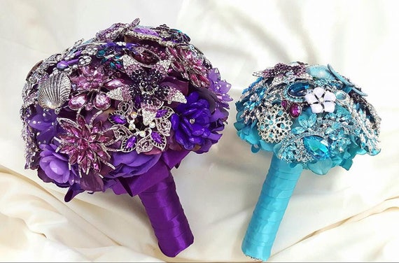 Custom Bridal Brooch Bouquet Package Beach Wedding in Purple Teal and Silver Broach Bouqet Turquoise Aqua Eggplant Blue Lavender