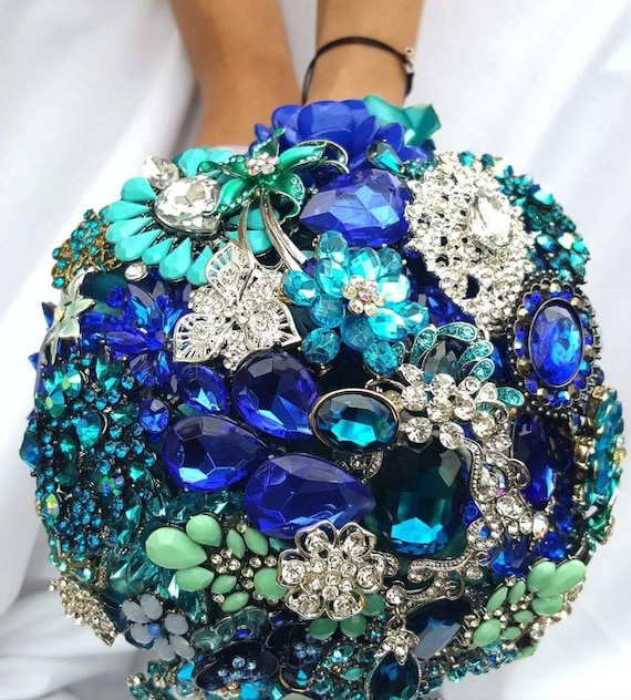 Custom Bridal Wedding Brooch Bouquet in Silver Royal Blue Aqua Crystal Malibu Blue Teal Turquoise Blue Crystal Broach Bouqet