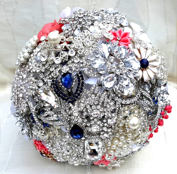 FULL PRICE on a CUSTOM Made Brooch Bouquet Coral Navy Blue White Crystal Salmon Peach Pink Orange Bridal Wedding Jeweled Bouqet