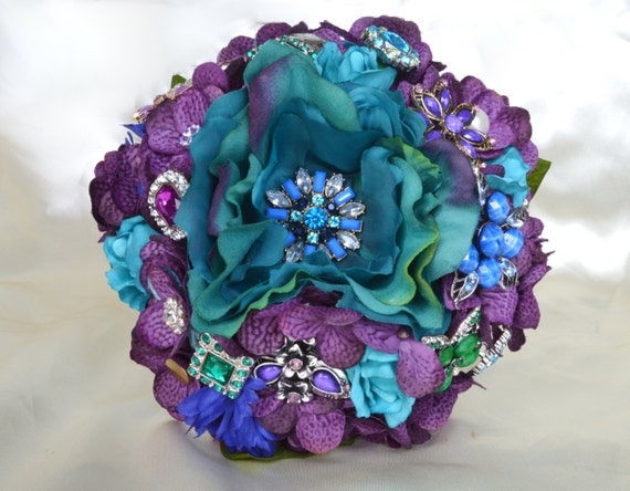 Custom Made Peacock Brooch Toss Bouquet Bridal Toss Bouquet Purple Royal Blue Green Teal Turquoise