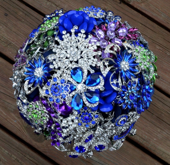 FULL PRICE on CUSTOM Made Bridal Brooch Bouquet Peacock Wedding Broach Bouqet Cobalt Blue Crystal Clove Green Purple Silver Royal Blue