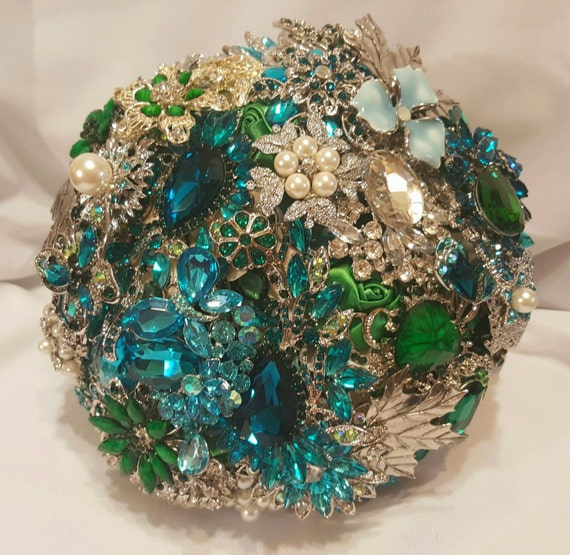 DEPOSIT on a Completely Customized Bridal Wedding Brooch Bouquet Pearl Silver Emerald Green Teal Turquoise Blue Crystal Broach Bouqet