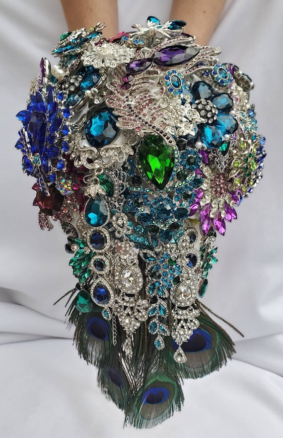 FULL PRICE CUSTOM Made Peacock Cascading Bridal Brooch Bouquet Cascade Cobalt Blue Royal Blue Clove Green Silver Crystal Purple