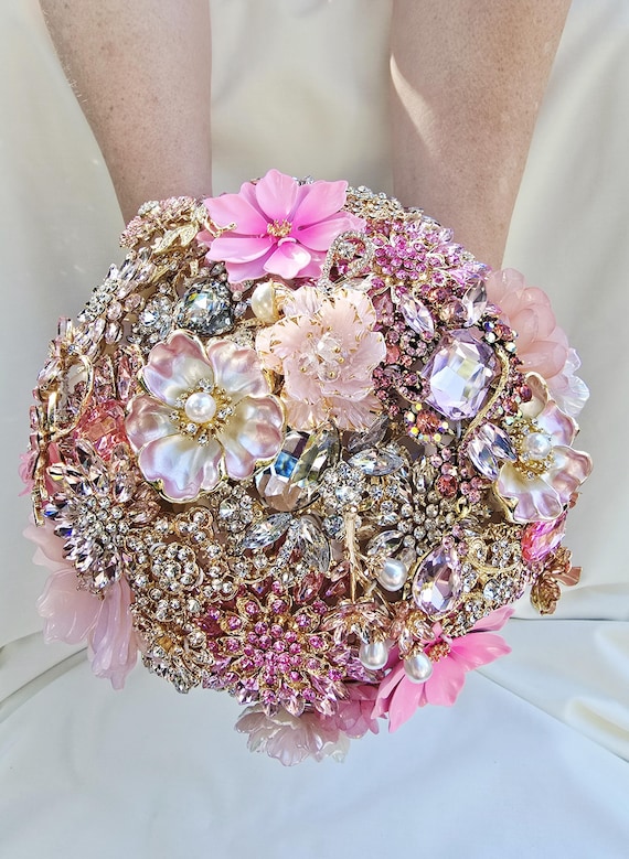 FULL PRICE on a CUSTOM Brooch Bouquet Pink Pearl Blush Crystal Salmon Peach Gold Bridal Wedding Broach Bouqet