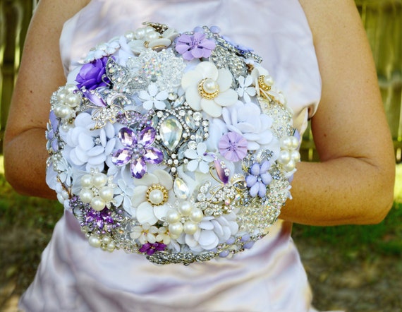 FULL PRICE on CUSTOM (one) Brooch Bouquet White and Lavender Purple Peal Ivory Crystal Bridal Broach Bouqet