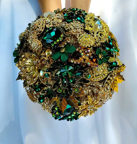 FULL PRICE on CUSTOM Made Bridal Brooch Bouquet Wedding Broach Bouqet Gold Emerald Hunter Green Brown Champagne Amber Bouqet