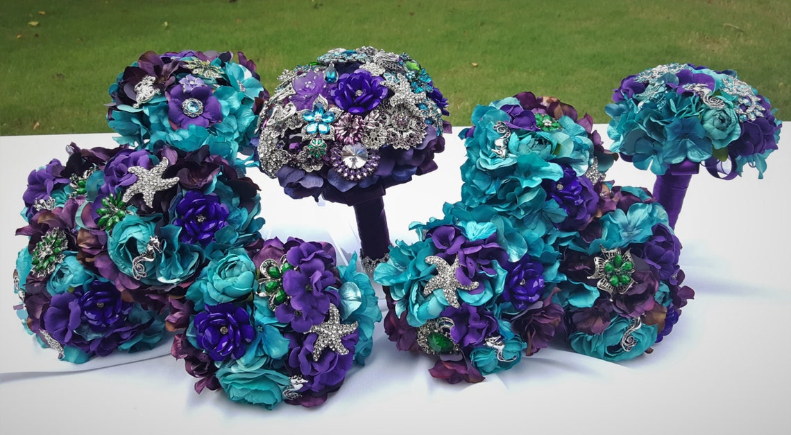 Bridal Bouquet Floral Package 10 Piece in Purple Blue Teal image 1