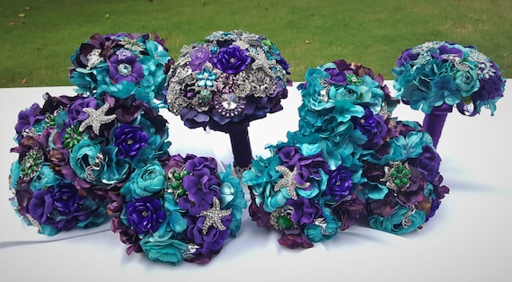 Bridal Bouquet Floral Package 10 Piece in Purple Blue Teal Silver Emerald Green for Aquarium Beach Wedding