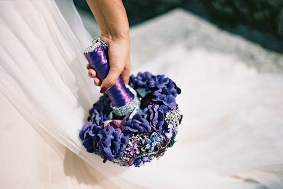 Customized Bridal Brooch Bouquet for Beach Wedding in Purple Silver Lavender Teal Turquoise Blue Crystal Broach Bouqet