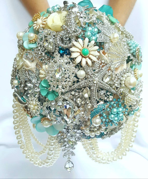 Custom Made Bridal Brooch Bouquet in Aqua Ivory Turquoise Blue White Semi Cascading for Beach Aquarium Ocean Wedding Broach Bouquet