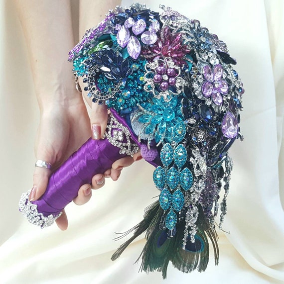 Custom Bridal Brooch Cascading Bouquet in Purple Royal Blue Teal Silver Green Royal Purple Broach for Peacock Wedding Bouqet