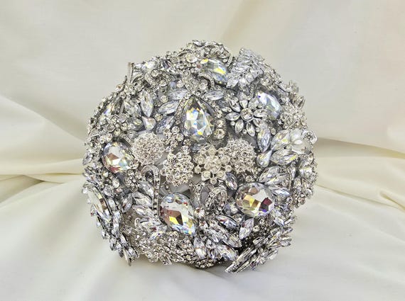 READY to SHIP Silver and Crystal Clear Jeweled Brooch Bouquet
