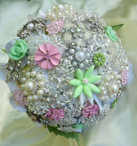 Custom Made White Mint Green Blush Pink Bridal Brooch Bouquet Jeweled Wedding Broach Bouquet