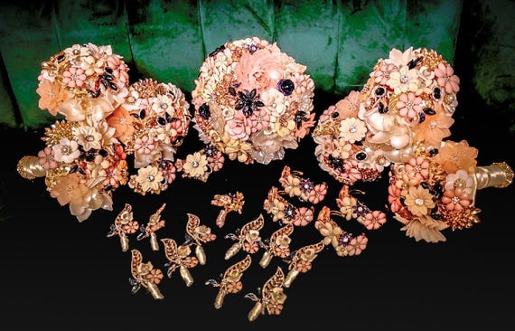 Custom Brooch Bouquet Wedding Package - Navy, Blush, Coral, Silver (Example)