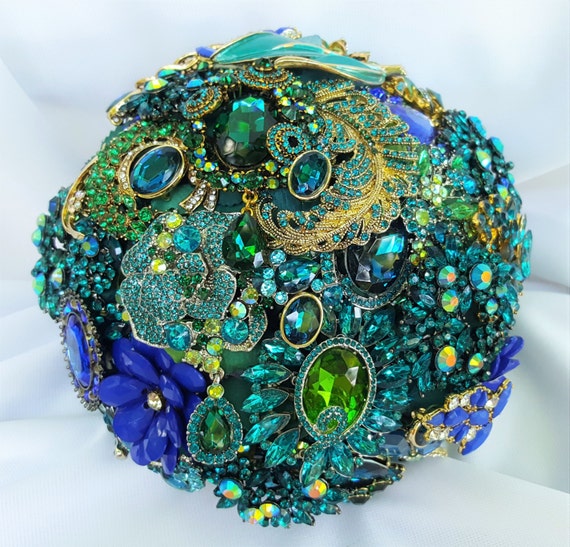 FULL PRICE on CUSTOM Made Bridal Brooch Bouquet Peacock Wedding Broach Bouqet Cobalt Blue Teal Turquoise Gold Royal Blue