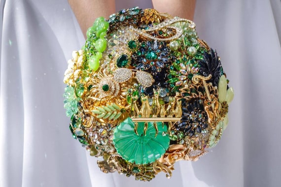 Large Assembly Service Brooch Bouquet Custom Made Jewelry Bouqet Emerald Green Navy Royal Blue Gold Crystal Wedding