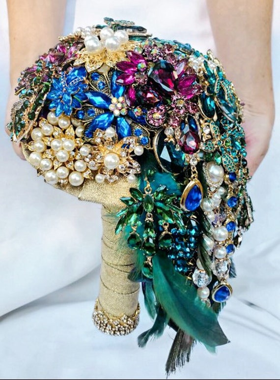 Custom Cascading Brooch Bouquet: Peacock Wedding, Teal, Gold, & Pearls
