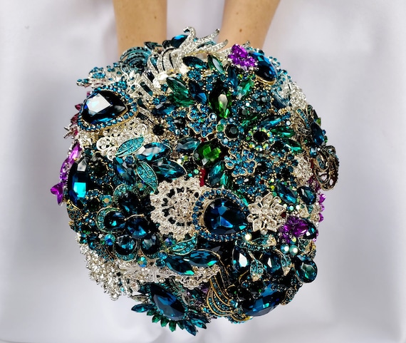 DEPOSIT on Brooch Bouquet CUSTOM MADE Bridal Broach Bouqet Peacock Wedding Blue Green Silver Teal Crystal Turquoise