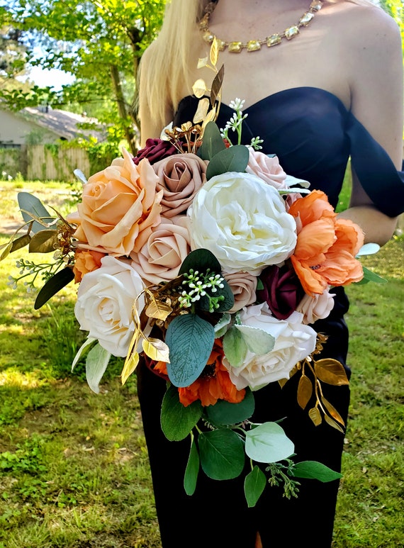 READY TO SHIP Terracotta Burgundy White Ivory Burnt Orange Fall Wedding Bridal Bouquet