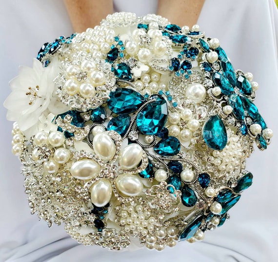 FULL PRICE Large Brooch Bouquet White Teal Blue Pearls Crystals CUSTOM Bridal Broach Bouqet