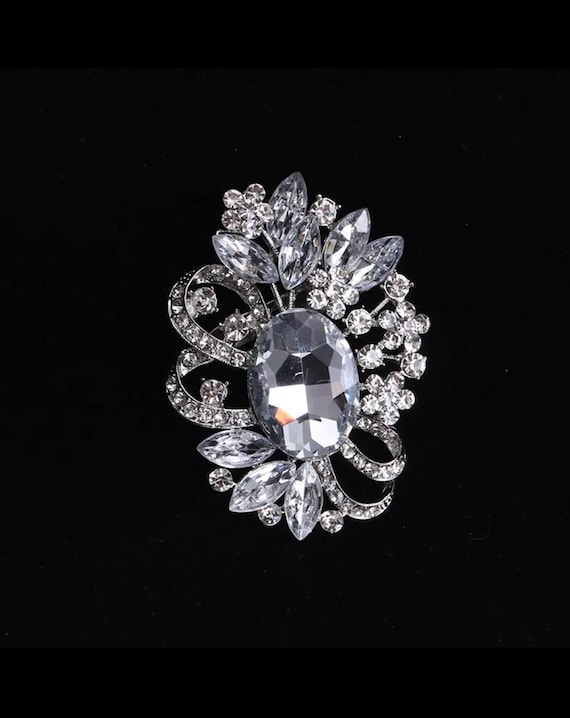 Silver Tone Large Crystal Clear Rhinestone Brooch Pin