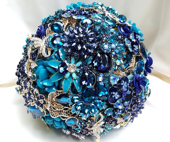 Custom Brooch Bouquet Bridal Broach Bouqet for Peacock Wedding in Navy Blue Gold Teal Crystal Turquoise