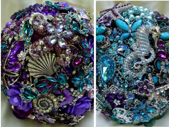 Custom Bridal Brooch Bouquet Package Beach Wedding in Purple Teal and Silver Broach Bouqet Turquoise Aqua Eggplant Blue Lavender