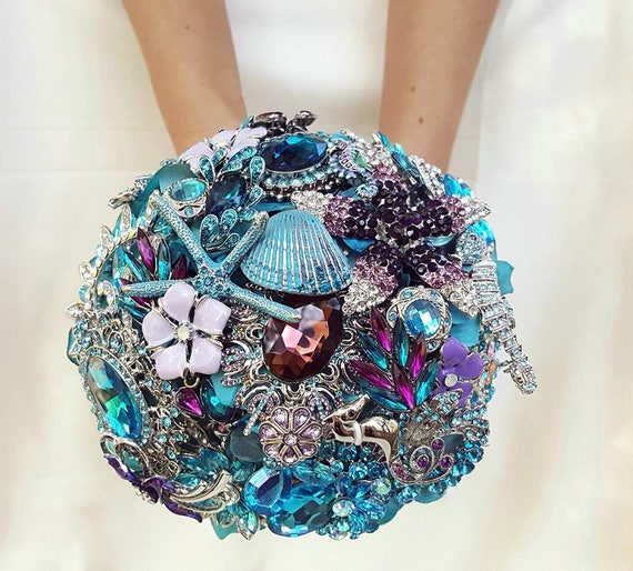 Custom Bridal Brooch Bouquet for Beach Wedding in Teal Silver Turquoise Blue Purple Lavender Crystal Broach Bouqet