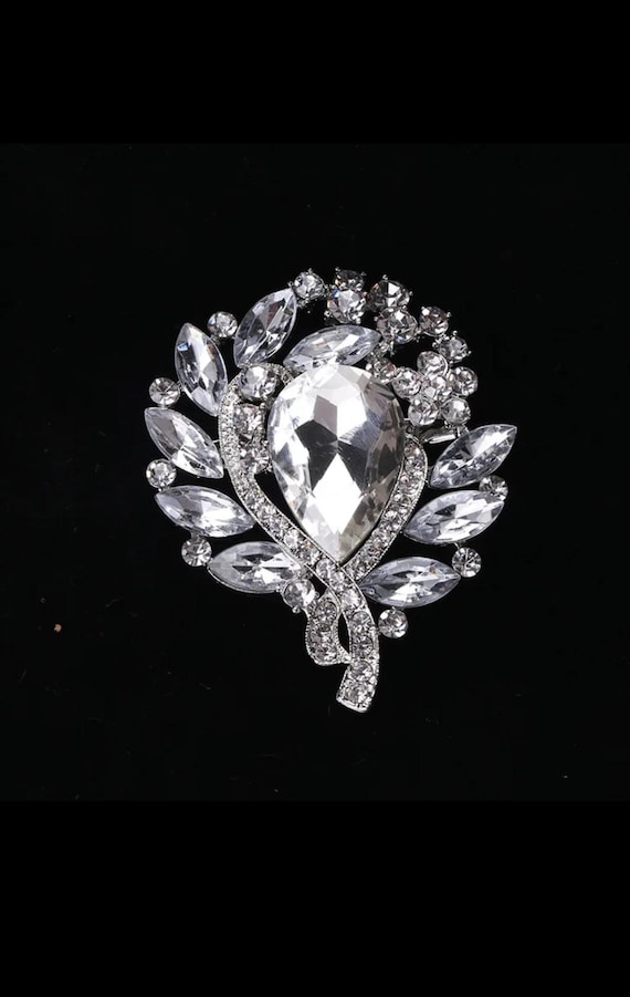 Silver Tone Large Crystal Clear Rhinestone Brooch Pin