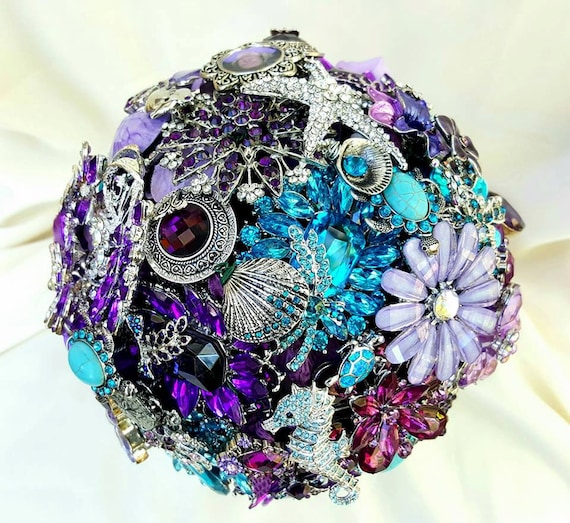 Custom Bridal Brooch Bouquet for Beach Wedding in Purple Silver Lavender Teal Turquoise Blue