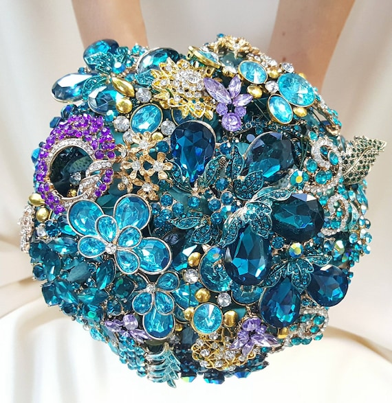 Custom Brooch Bouquet Bridal Broach Bouqet Peacock Wedding Blue Green Gold Teal Crystal Turquoise