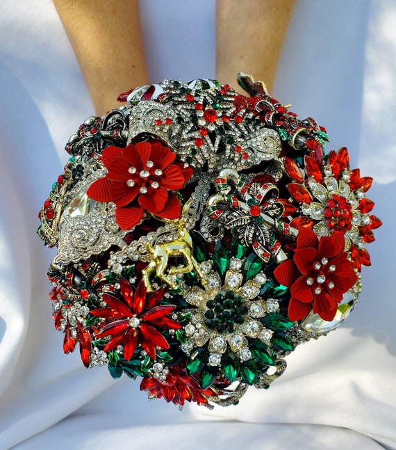 FULL PRICE Christmas Winter December Wedding Bridal Brooch Bouquet Burgundy Red Silver Green Snowflake Broach Bouqet
