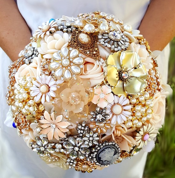 FULL PRICE Large Brooch Bouquet Champagne Cream Gold Rose Ivory Crystal Peach Blue Pink Teal CUSTOM Bridal Broach Bouqet