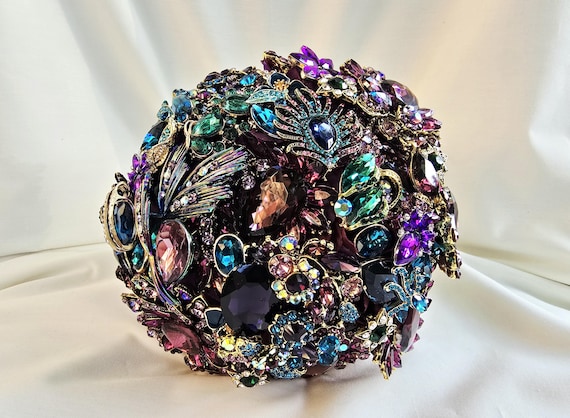 READY to SHIP Purple Teal Bridal Brooch Bouquet Peacock Jewel Tone Wedding Bouqet