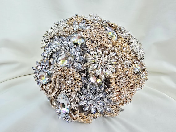 DEPOSIT on Custom Bridal Brooch Bouquet: Silver Gold Crystal Jeweled Bouqet
