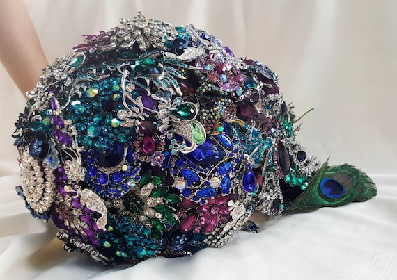 Custom Bridal Brooch Cascading Bouquet in Purple Royal Blue Teal Silver Green Royal Purple Broach for Peacock Wedding Bouqet