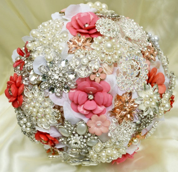 Custom Brooch Bouquet Bridal Broach Bouqet in White Silver Pearl Coral Peach Salmon Pink Purple Gold Blue Mint Green Crystal Clear