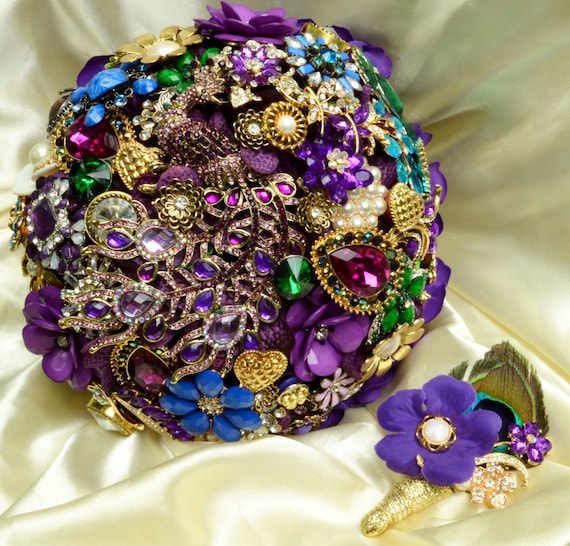 Custom Made Peacock Bridal Brooch Bouquet Purple and Gold Broach Bouqet Emerald Green Blue Teal Turquoise Pearl